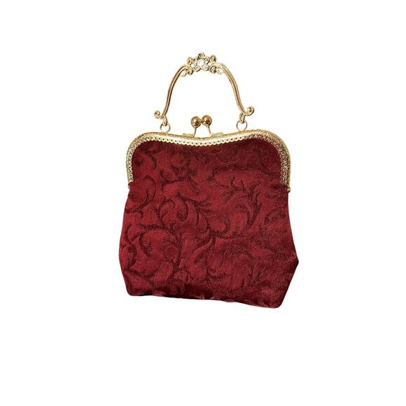 Vintage Inspired Burgundy Handbag with Rhinestone Brooch and Clasp Closure - Picture 2 of 4